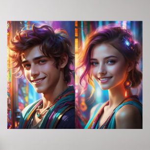 Poster Couple Whimsical coloré avec des sourires impressi