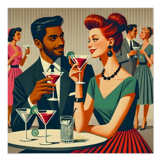 Poster Couples de fête cocktail du milieu du siècle - Pre (Devant)