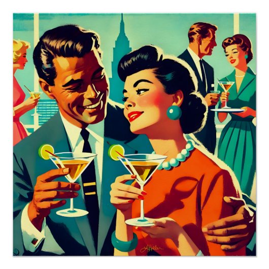 Poster Couples de Fête de Cocktail de Milieu de Siècle - (Devant)