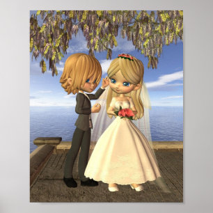 Poster Couples mignons de mariage de Toon sur un balcon
