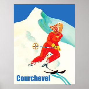 Poster Courchevel, femme sur piste de ski, France, Vintag
