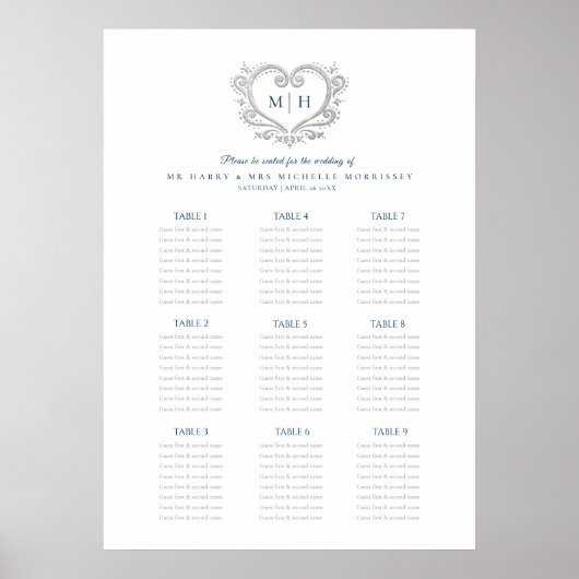 Poster Couronne de coeurs bleue et argentée plan de table (Devant)