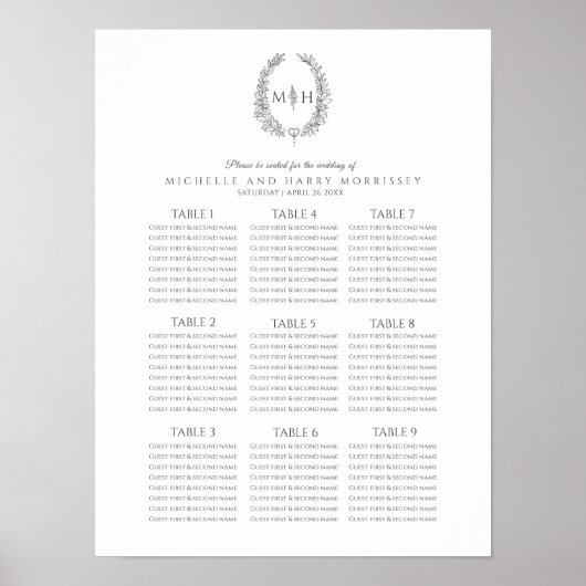 Poster Couronne de feuilles gris foncé plan de table de m (Devant)