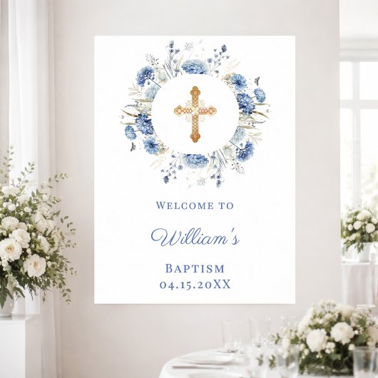 Poster Couronne de fleurs bleues garçon Baptême bienvenue