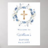 Poster Couronne de fleurs bleues garçon Baptême bienvenue (Devant)