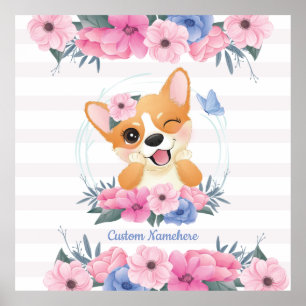 Poster Couronne de fleurs de chien Corgi mignon Papillon 