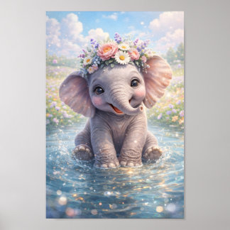 Poster Couronne de fleurs d'éléphant de bébé mignon Éclab