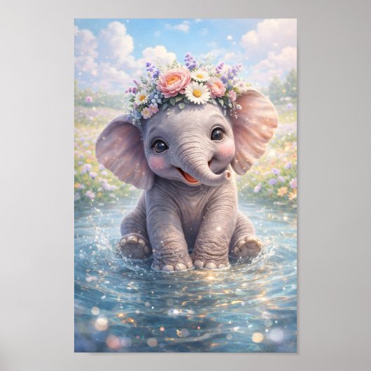 Poster Couronne de fleurs d'éléphant de bébé mignon Éclab (Devant)