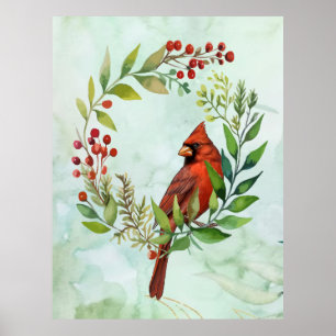 Poster Couronne de Noël à l'oiseau cardinal rouge aquarel