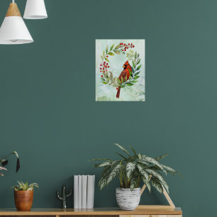Poster Couronne de Noël oiseau cardinal rouge aquarelle