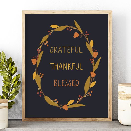 Poster Couronne de typographie Grateful Thankful Blessed