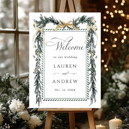 Poster Couronne de verts d'hiver Mariage Bienvenue Vert &