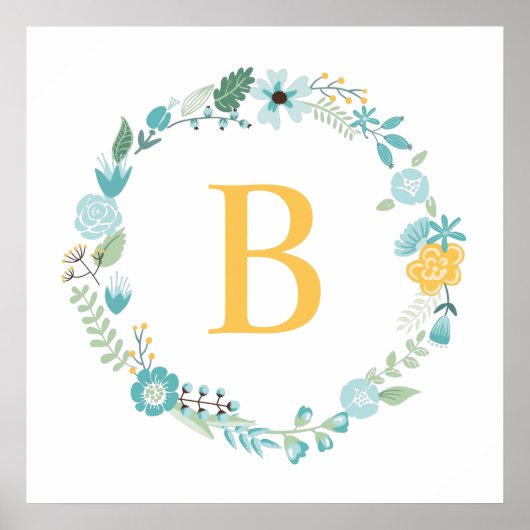 Poster Couronne florale monogrammée aqua et jaune (Devant)