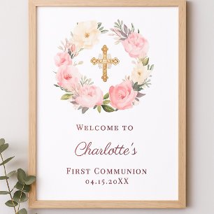 Poster Couronne florale rose de bienvenue pour la premièr