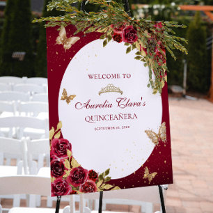Poster Couronne papillon en or rouge floral Quinceañera