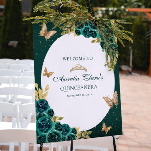 Poster Couronne papillon en or vert floral Quinceañera
