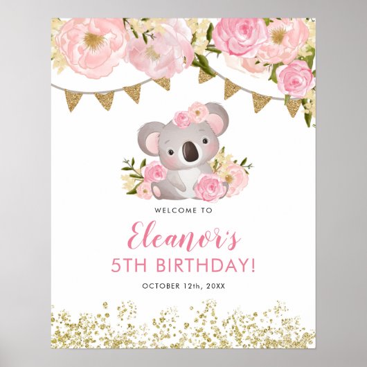 Poster Couronne rose fleurie Koala Bienvenue à l'annivers (Devant)