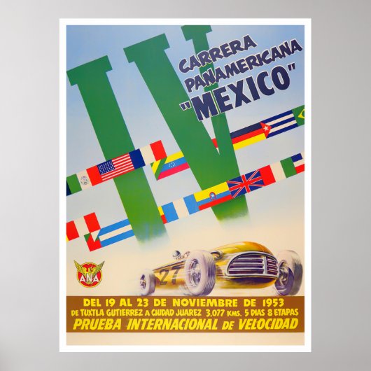 Poster Course automobile vintage Carrera Panamericana 195 (Devant)