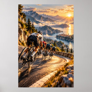 Poster Course cycliste de montagne au coucher du soleil –