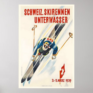 Poster Courses de Ski St. Gallen Suisse Ski Vintage