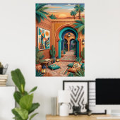 Poster Courtyard Sunset Art - Boho Turquoise Arches Palm  (Bureau à domicile)