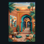 Poster Courtyard Sunset Art - Boho Turquoise Arches Palm<br><div class="desc">Courtyard sunset with turquoise arches,  terracotta walls,  palm trees,  geometric wall art,  lanterns,  cactus plants,  woven cushions,  and patterned rugs. Exotic boho riads vibe under orange sunset glow. Perfect for boho living room,  bedroom,  global decor—high-res digital art print.

Transform your space with authentic courtyard sunset luxury.</div>