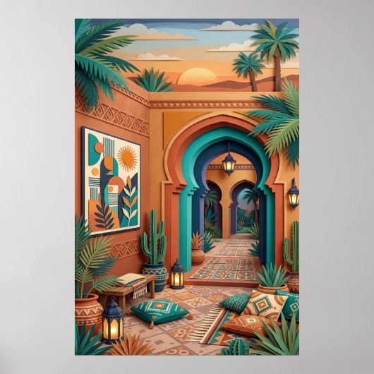Poster Courtyard Sunset Art - Boho Turquoise Arches Palm  (Devant)