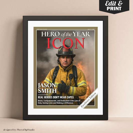 Poster Couverture du magazine Fireman de pompier personna