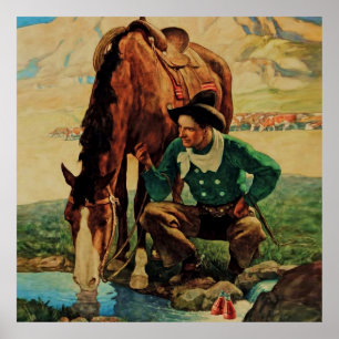 Poster Cow-boy abreuvant son cheval par NC Wyeth