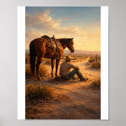 Poster Cow-boy et cheval au coucher du soleil (Devant)