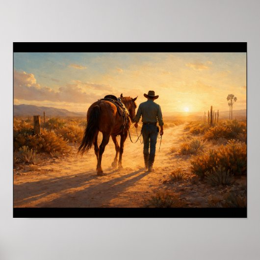 Poster Cow-boy solitaire marchant à côté de son cheval (Devant)
