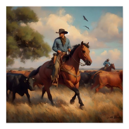 Poster Cow-boy sur cheval bai (Devant)