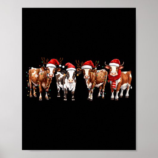 Poster Cow Reindeer Santa Hat Christmas Light Funny Cows  (Devant)