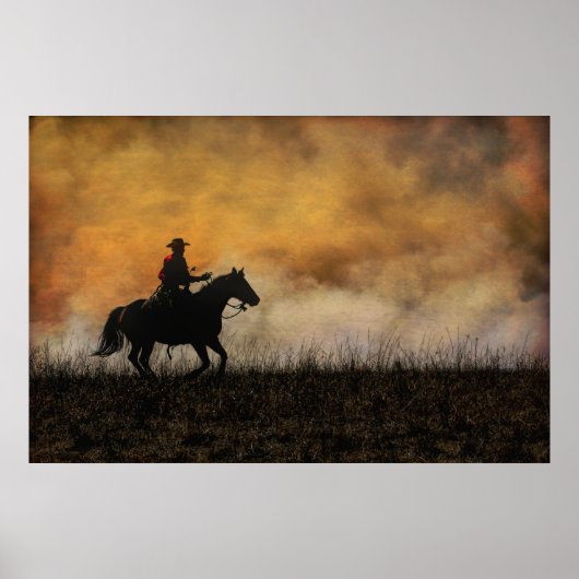Poster Cowboy à cheval sur la ligne d'incendie d'un Prair (Devant)