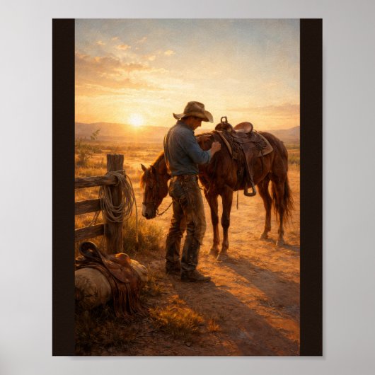 Poster Cowboy adjusting saddle at sunrise (Devant)