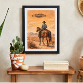 Poster Cowboy and UFO Desert Scene Art, Western Sci-Fi