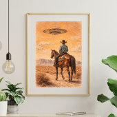 Poster Cowboy and UFO Desert Scene Art, Western Sci-Fi