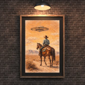 Poster Cowboy and UFO Desert Scene Art, Western Sci-Fi