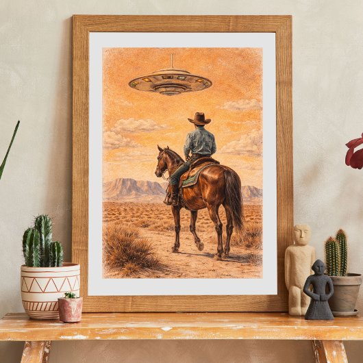Poster Cowboy and UFO Desert Scene Art, Western Sci-Fi
