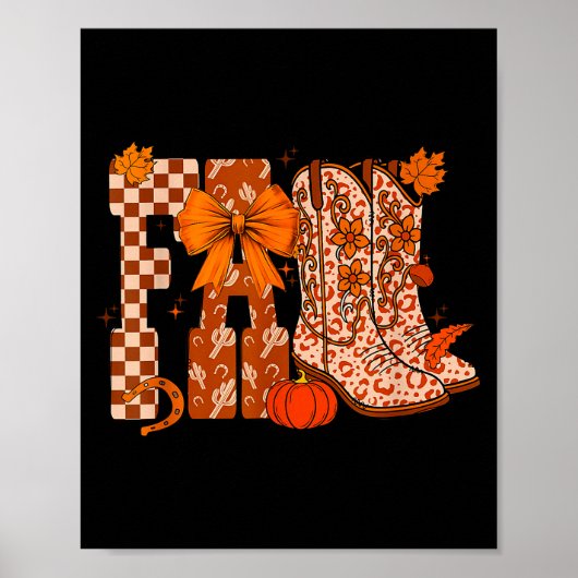 Poster Cowboy Checkered Fall,fall Pumpkin,boots Cow Funny (Devant)