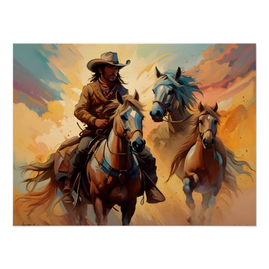 Poster Cowboy Chevaux Occidentaux bleu Tan Collage (Devant)