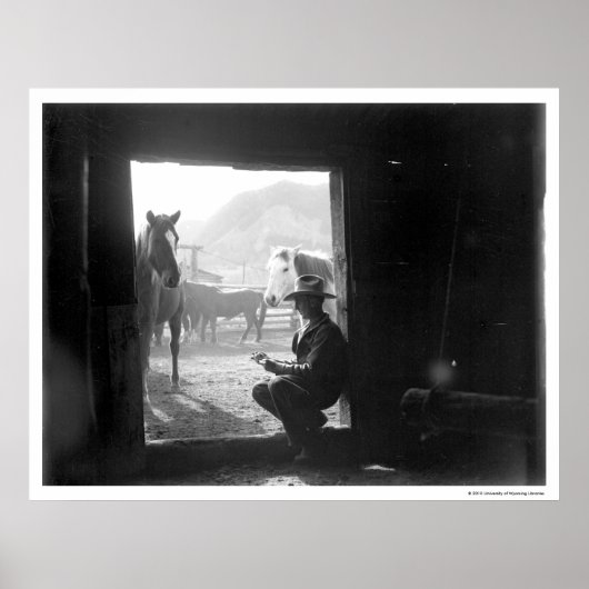 Poster Cowboy dans une porte avec des chevaux (Devant)