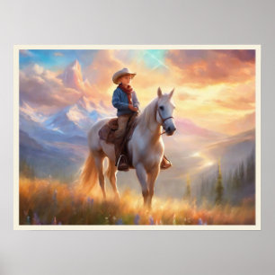 Poster Cowboy Mountaintop Sunrise Boy's Bedroom Art