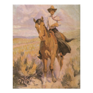Poster Cowboy vintage de cow-girl, femme sur le cheval