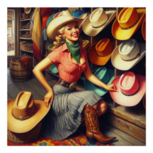 Poster Cowgirl occidental rétro vintage qui fait du shopp
