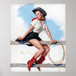 Poster Cowgirl on Fence Vintage Pin Up