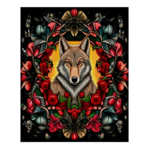 Poster Coyote du Dakota du Nord entouré de rose des prair