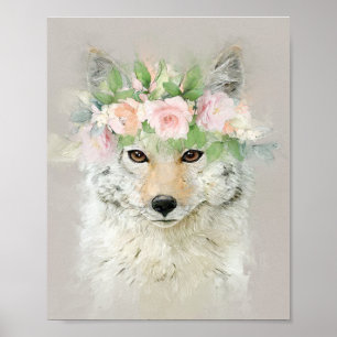 Poster Coyote portant une couronne de fleurs