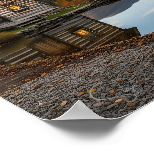 Poster Cozy Log Cabin Fall Autumn Lake Reflection (Coin)