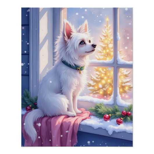 Poster Cozy Maltese by Snowy Window Christmas Dog Art (Devant)